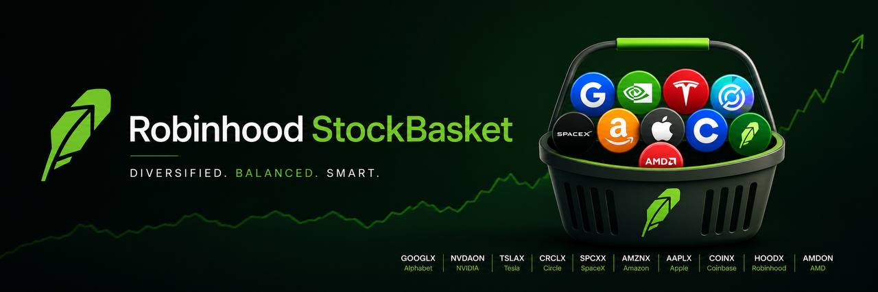 Robinhood StockBasket — Diversified. Balanced. Smart. A basket of GOOGLX, NVDAON, TSLAX, CRCLX, SPCXX, AMZNX, AAPLX, COINX, HOODX, AMDON.
